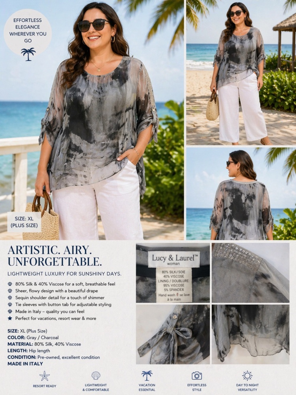Lucy & Laurel Gray and Charcoal Sheer Tie-Dye Tunic - Women's Plus